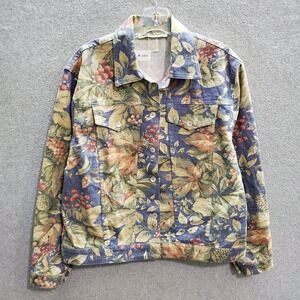 VINTAGE Norm Thompson Women Jacket Medium Blue Floral Denim Organic Cotton Jean